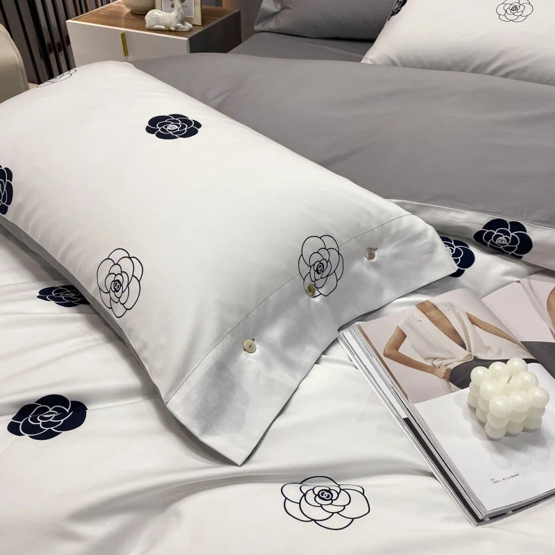 American Style 60s Bedding Sets 100% Egyptian Organic Cotton White Gray Floral Pattern 4pcs 300TC Thread Count