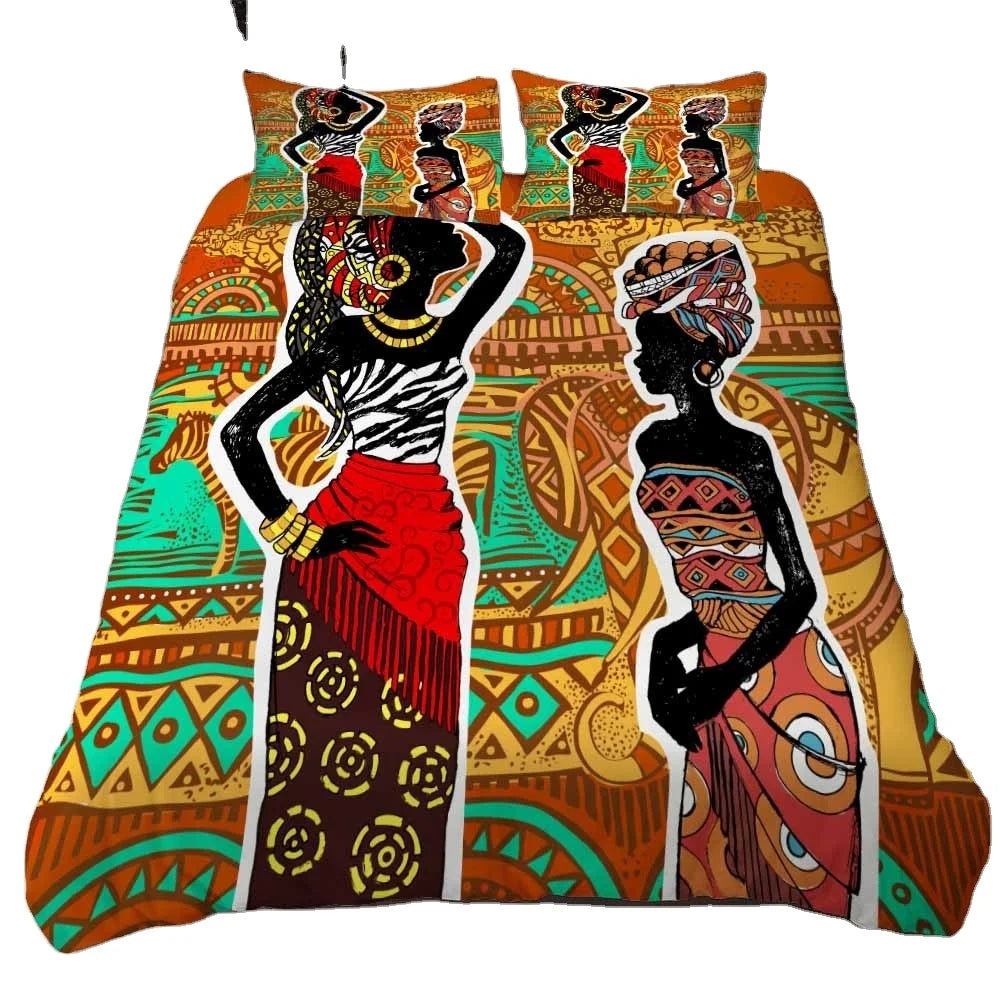 3pcs Eco-friendly Beddings African Design 3D Printed Linen Embroid Black Vintage Woman Character 100% Polyester Polyester