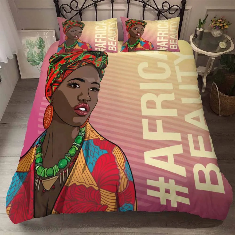 3pcs Eco-friendly Beddings African Design 3D Printed Linen Embroid Black Vintage Woman Character 100% Polyester Polyester