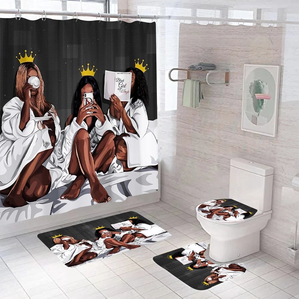 American African Black Women Bad Girl Afro Shower Curtain Bathroom Set and Bath Rugs Set