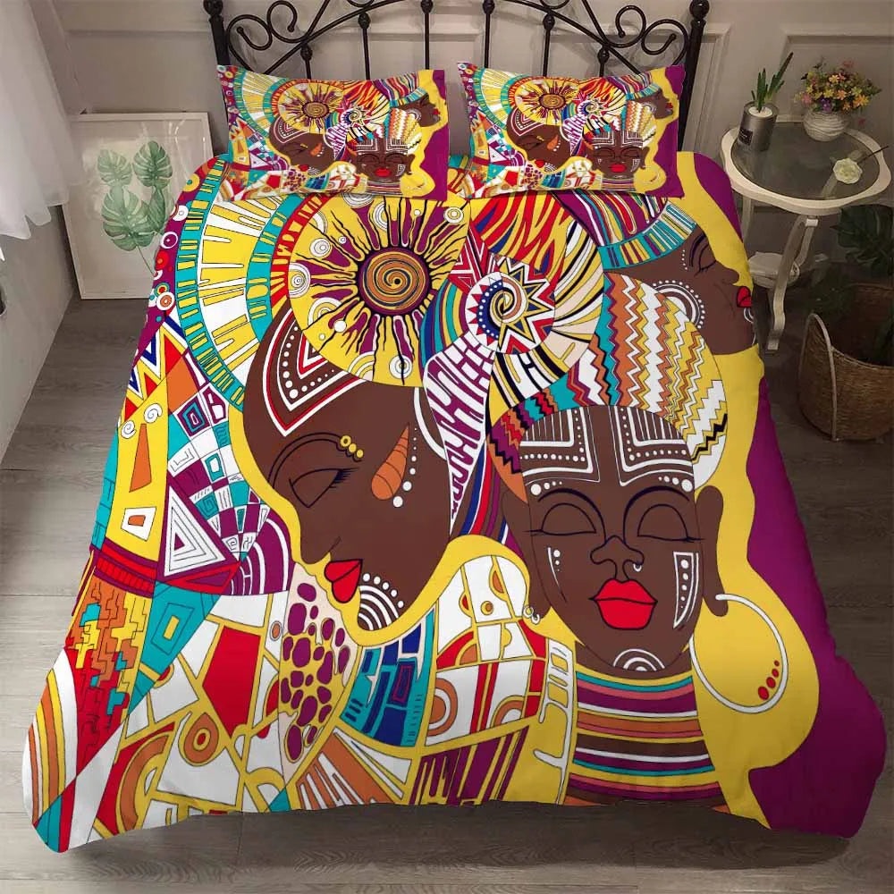 3pcs Eco-friendly Beddings African Design 3D Printed Linen Embroid Black Vintage Woman Character 100% Polyester Polyester