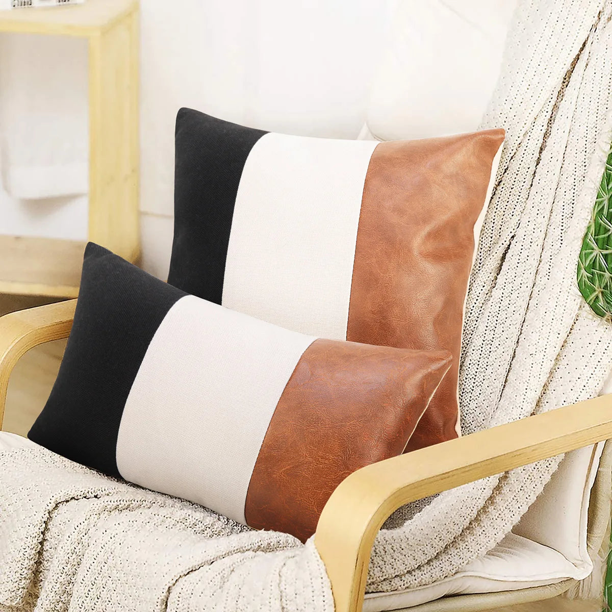 European and American New Pu Splicing Contrast Leather Linen Pillow Case Living Room Sofa Pillow Cushion