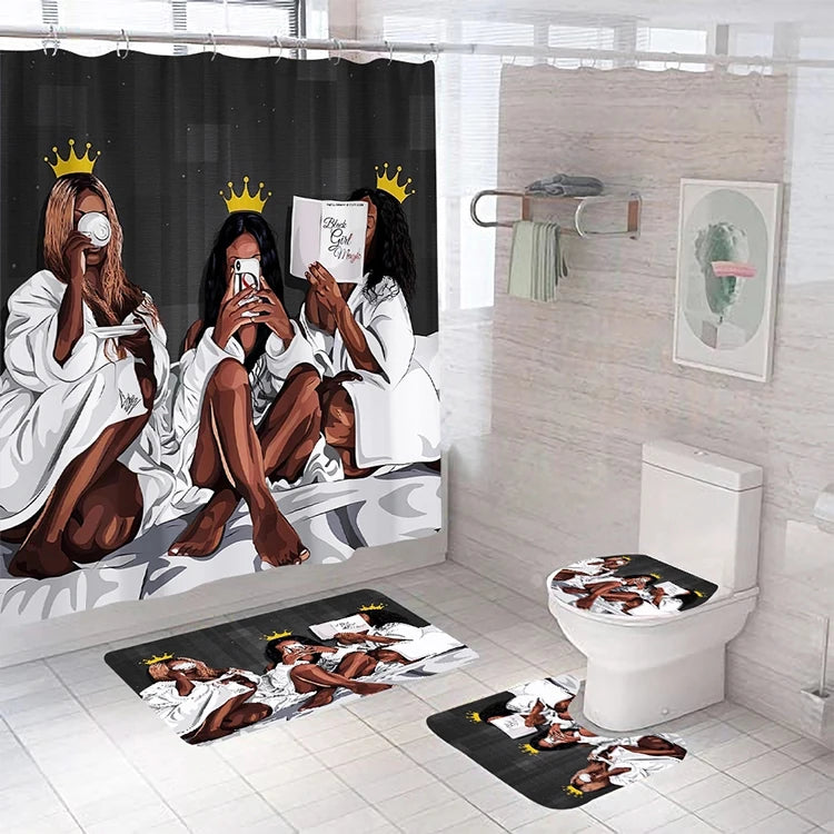 American African Black Women Bad Girl Afro Shower Curtain Bathroom Set and Bath Rugs Set