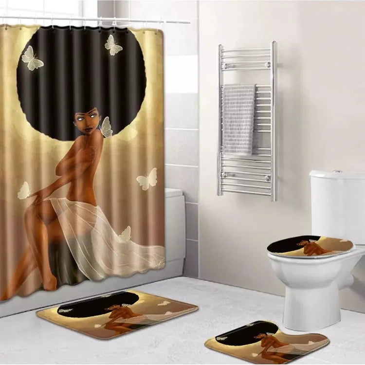 American African Black Women Bad Girl Afro Shower Curtain Bathroom Set and Bath Rugs Set