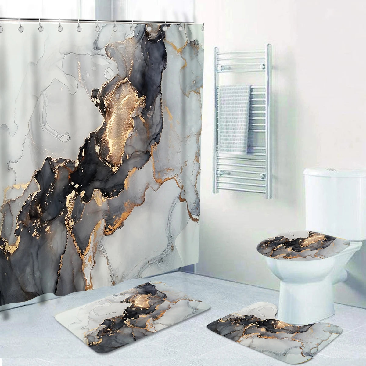 16 Pcs Marble Pattern Bathroom Sets with Shower Curtain and Rugs Waterproof Printing Toilet Shower Curtain with Hooks