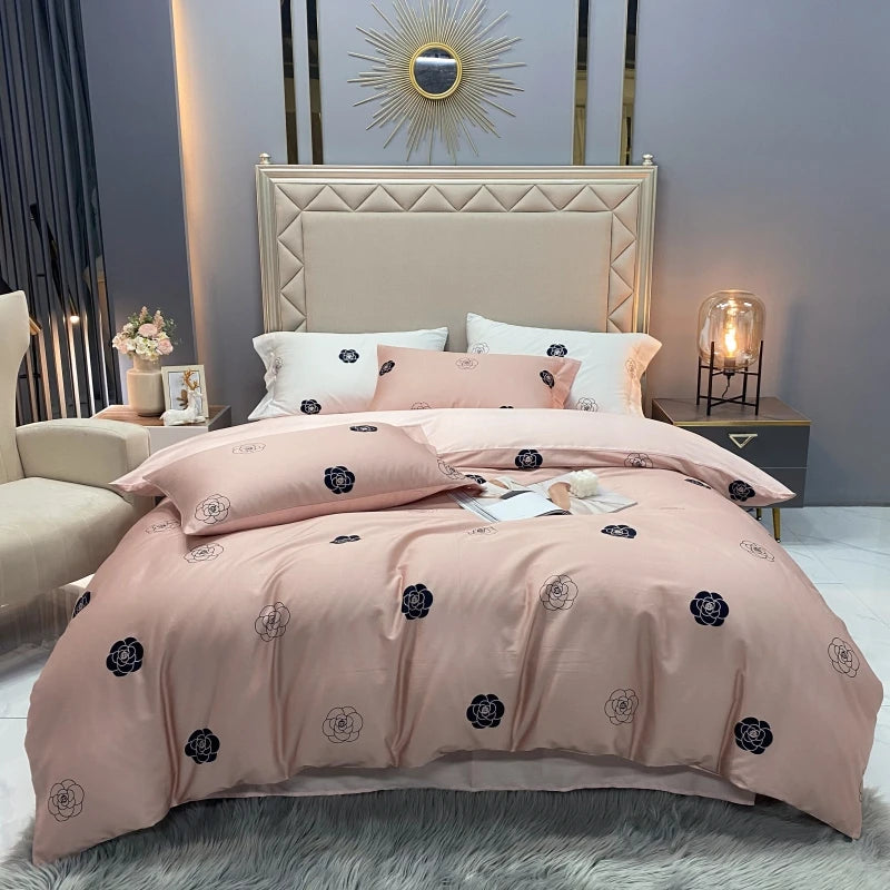 European Style 60s 100% Egyptian Organic Cotton 4pcs Bedding Set with Zipper Closure Corner Ties