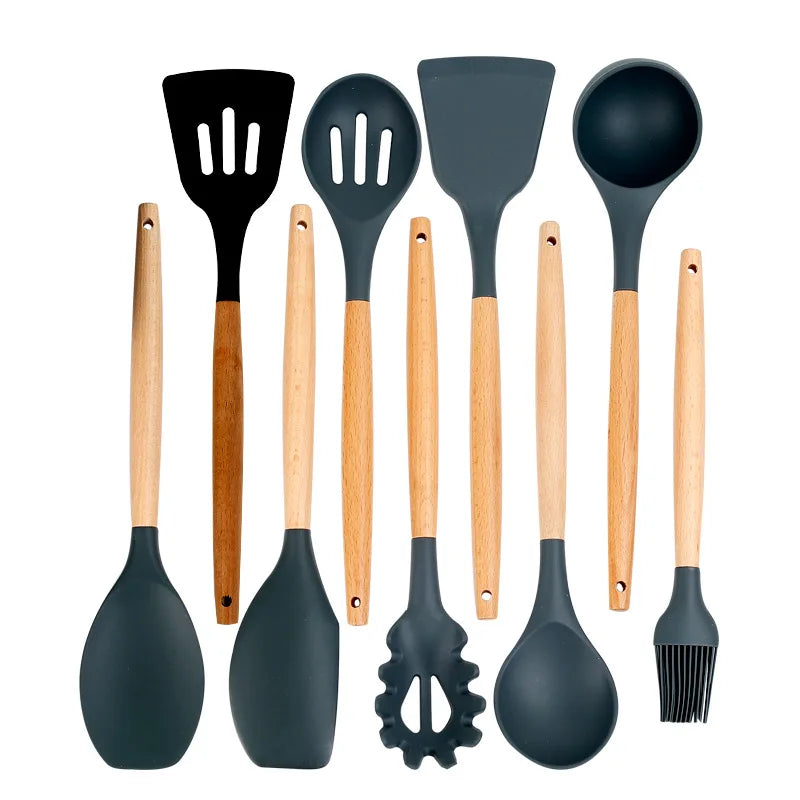 12 Pieces in 1 Set Silicone Kitchen Accessories Cooking Tools Kitchenware Cocina Silicone Kitchen Utensils With Wooden Handles