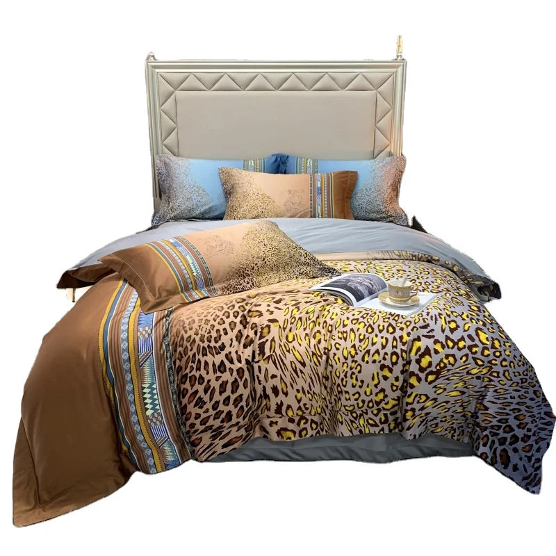 European Style 60s 100% Egyptian Organic Cotton 4pcs Bedding Set with Zipper Closure Corner Ties