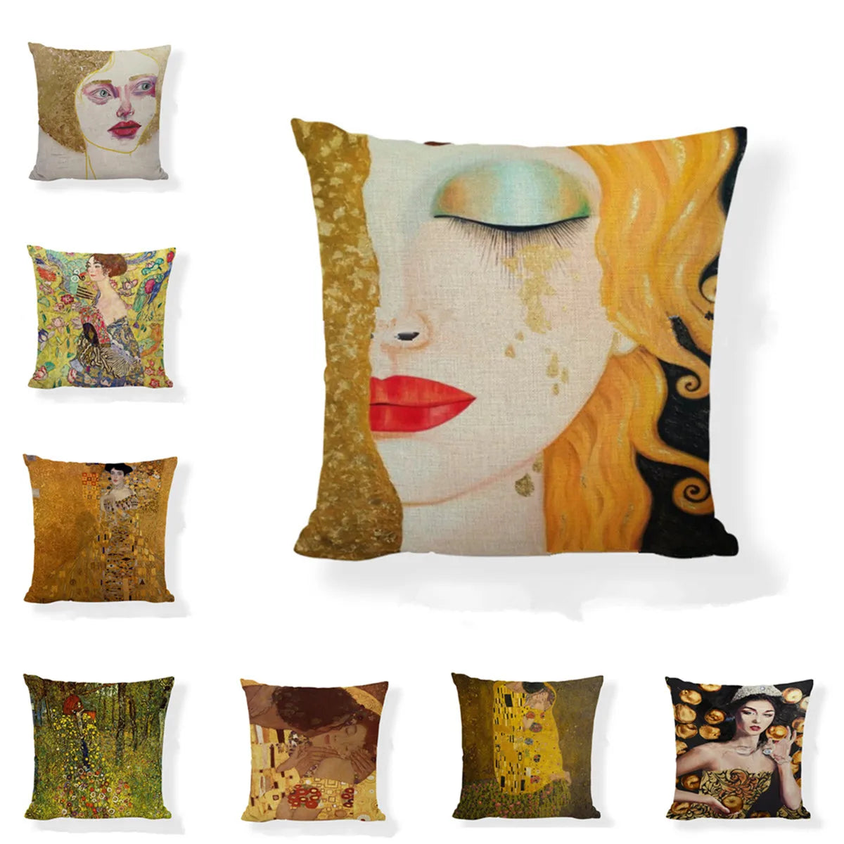 Square Gustav Klimt Pattern Painting Cotton Linen Throw Print Pillow Case Cushion Cover Home Pillow Cover Decoration