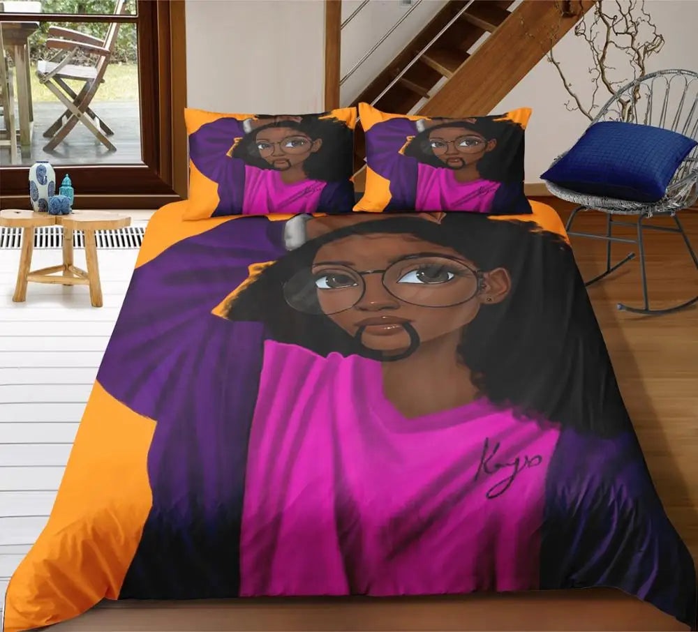African Design 3D Printed Embroidered Black Girl Vintage Nature Microfiber Duvet Cover Set Black for Home Use Polyester Filling