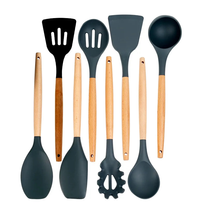 12 Pieces in 1 Set Silicone Kitchen Accessories Cooking Tools Kitchenware Cocina Silicone Kitchen Utensils With Wooden Handles
