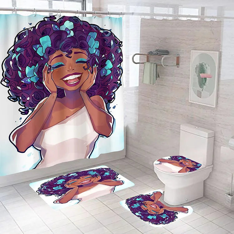 American African Black Women Bad Girl Afro Shower Curtain Bathroom Set and Bath Rugs Set