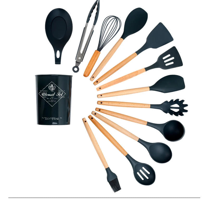 12 Pieces in 1 Set Silicone Kitchen Accessories Cooking Tools Kitchenware Cocina Silicone Kitchen Utensils With Wooden Handles