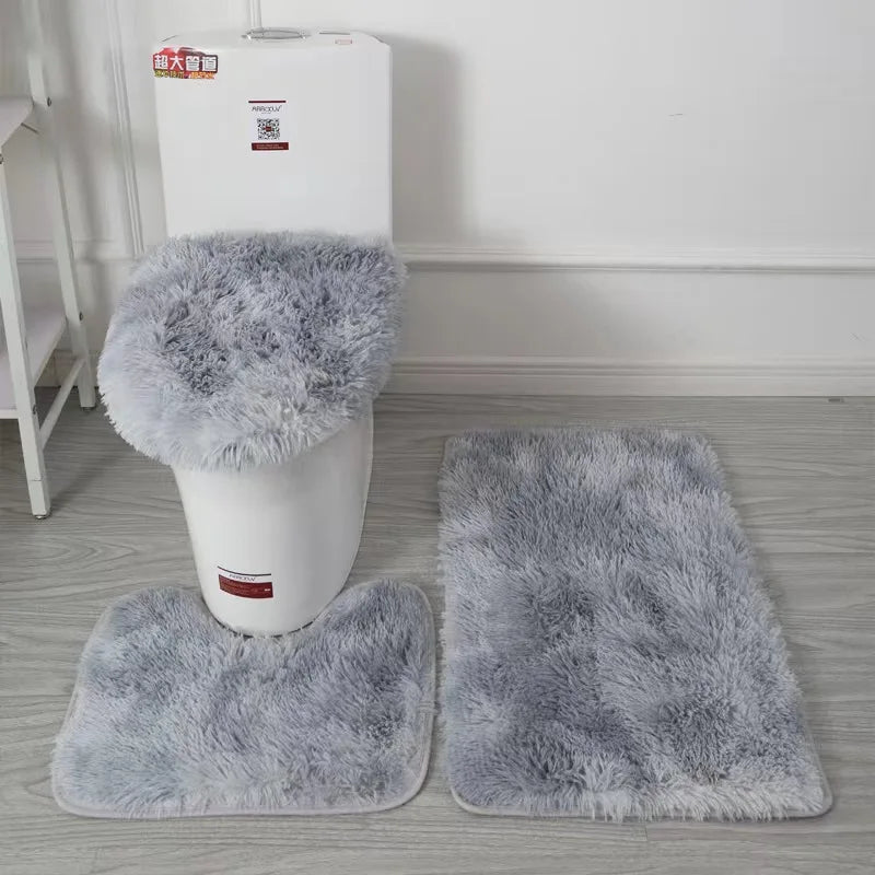 3 Piece Bathroom Rug Set Long Plush Mat Bathroom Anti-slip Mat Toilet Three-piece Mat Carpet Daily Decorative Neat Blanket