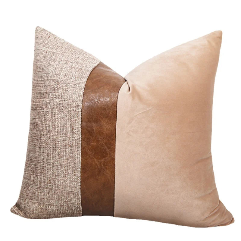 Cotton Linen Velvet Patchwork Faux Leather Pillow Cover Modern Farmhouse Decor Accent Cushion Case Decorative Throw Pillowcase