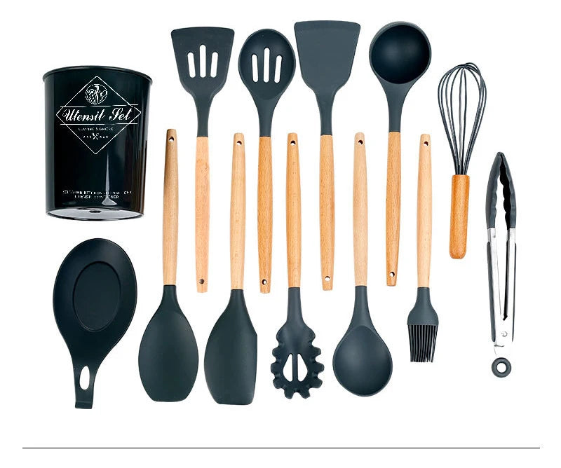 12 Pieces in 1 Set Silicone Kitchen Accessories Cooking Tools Kitchenware Cocina Silicone Kitchen Utensils With Wooden Handles