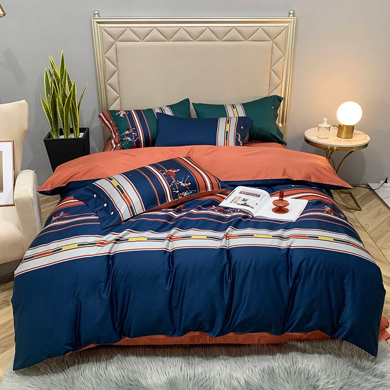 European Style 60s 100% Egyptian Organic Cotton 4pcs Bedding Set with Zipper Closure Corner Ties