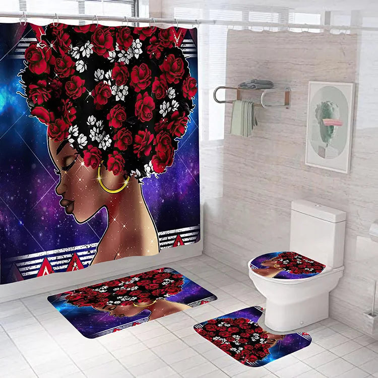American African Black Women Bad Girl Afro Shower Curtain Bathroom Set and Bath Rugs Set