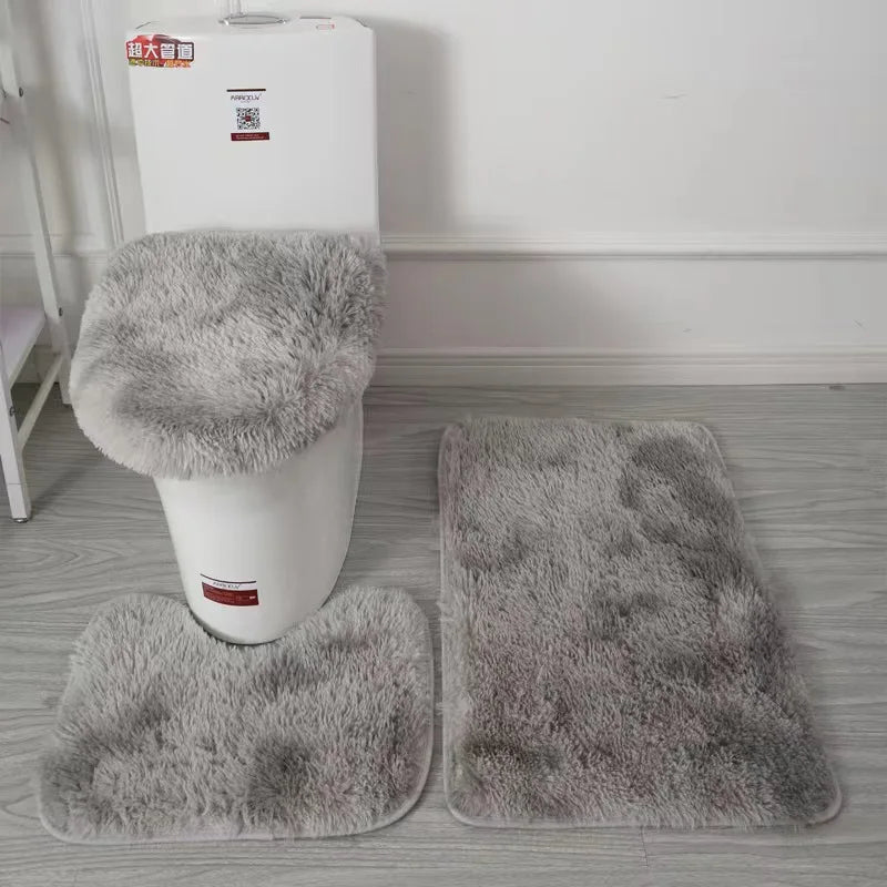 3 Piece Bathroom Rug Set Long Plush Mat Bathroom Anti-slip Mat Toilet Three-piece Mat Carpet Daily Decorative Neat Blanket