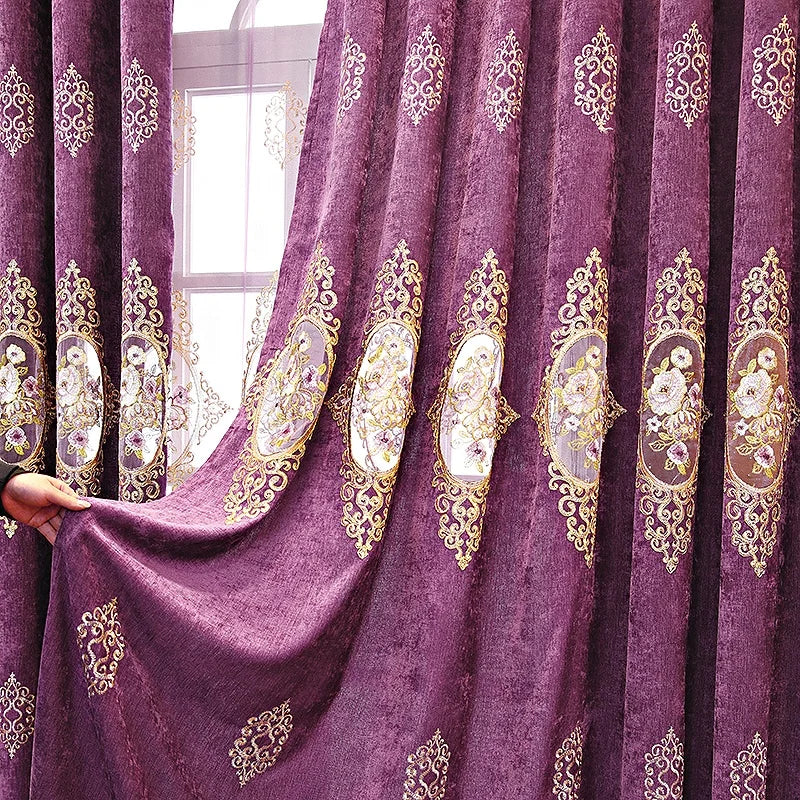 Factory Direct Luxury Chenille Embroidered Curtains Fabrics Hollow Rose Embroidery Curtain Fabric for Living Room