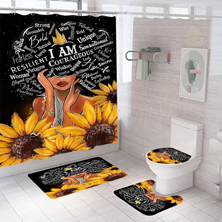American African Black Women Bad Girl Afro Shower Curtain Bathroom Set and Bath Rugs Set