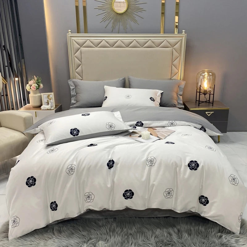 American Style 60s Bedding Sets 100% Egyptian Organic Cotton White Gray Floral Pattern 4pcs 300TC Thread Count