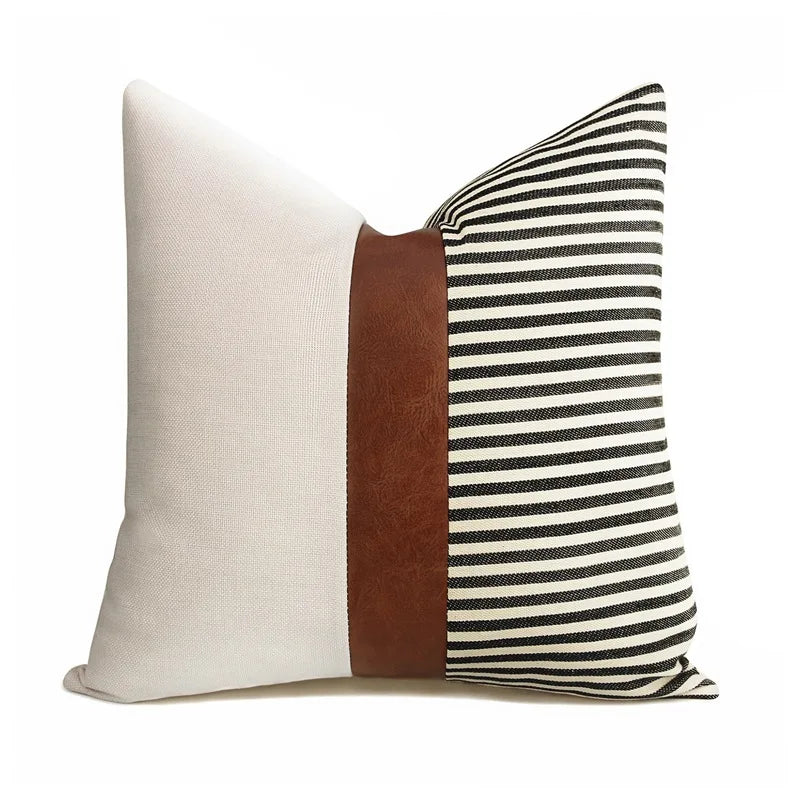 Farmhouse Stripe Patchwork Linen Throw Lumbar Cushion Covers Decorative Home Modern Faux Leather Throw Pillow Cover