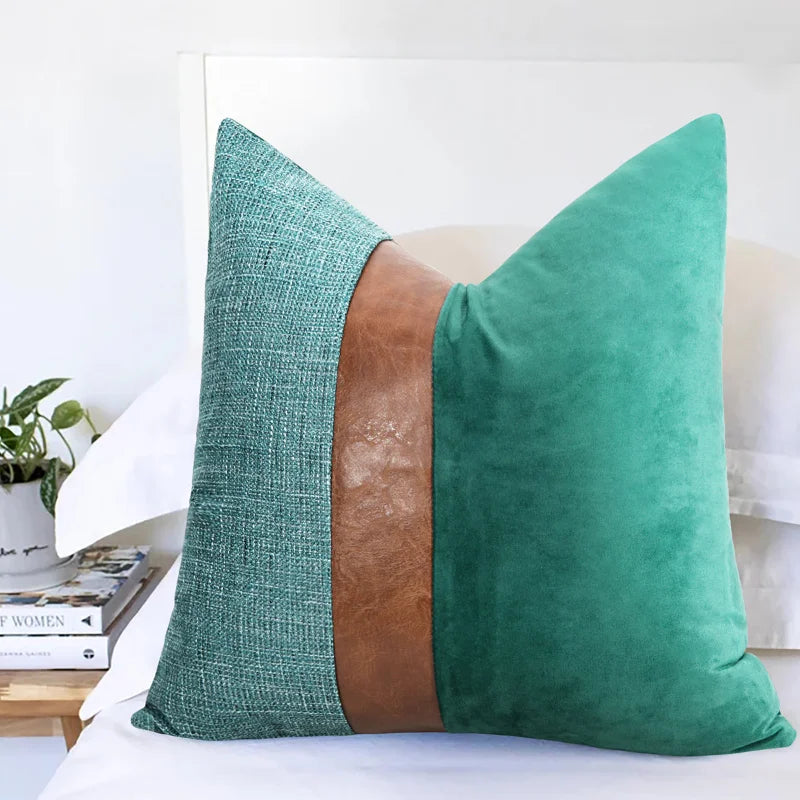 Cotton Linen Velvet Patchwork Faux Leather Pillow Cover Modern Farmhouse Decor Accent Cushion Case Decorative Throw Pillowcase