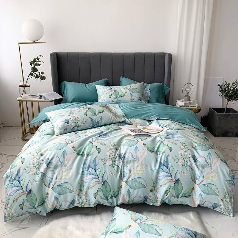 American Style 60s Bedding Sets 100% Egyptian Organic Cotton White Gray Floral Pattern 4pcs 300TC Thread Count