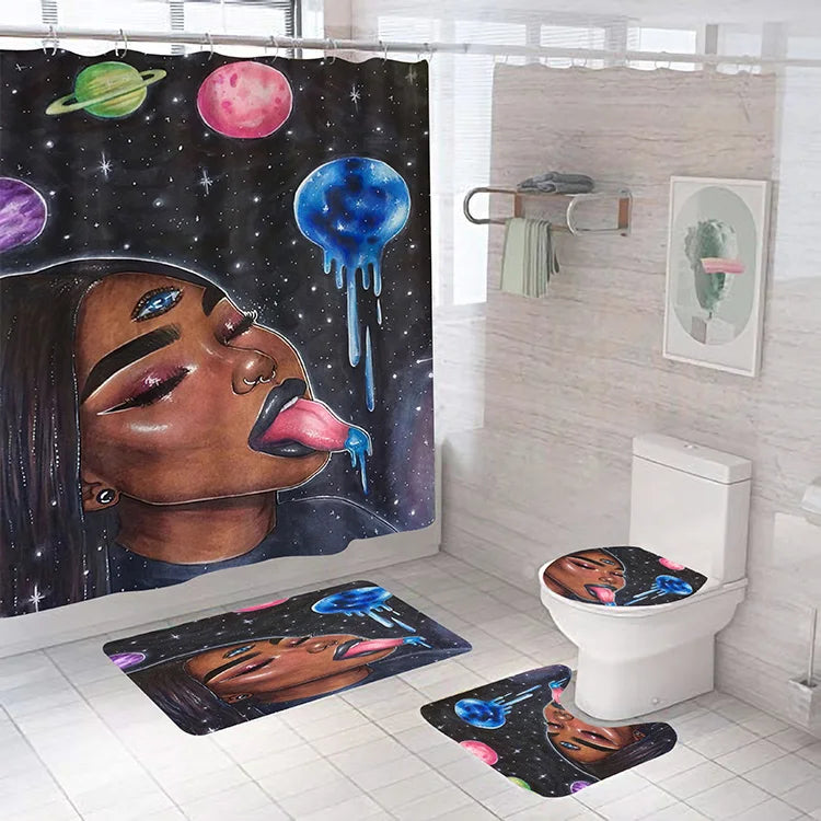 American African Black Women Bad Girl Afro Shower Curtain Bathroom Set and Bath Rugs Set