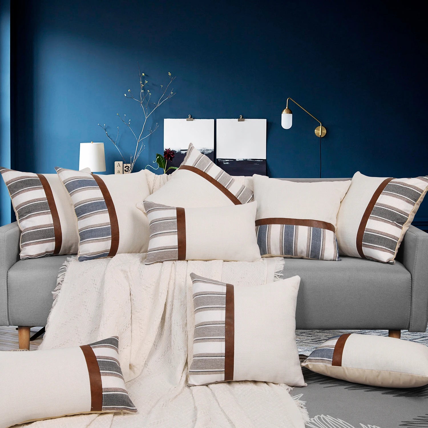 Cygnus Nordic American Modern Pillow Cover Stripe Canvas Stitching Pu Leather Cushion Cover for Home Decor