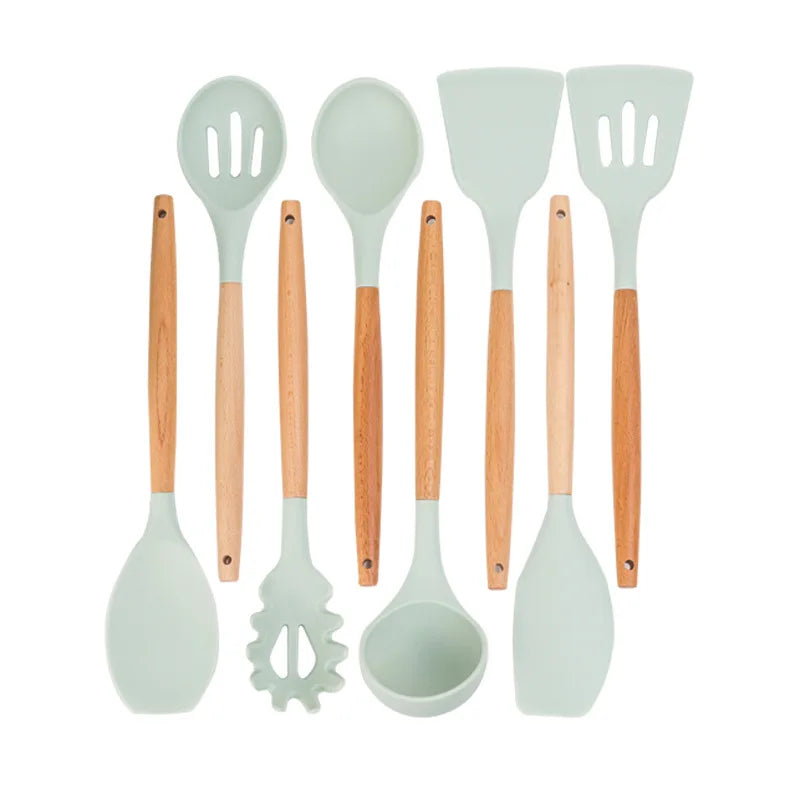 12 Pieces in 1 Set Silicone Kitchen Accessories Cooking Tools Kitchenware Cocina Silicone Kitchen Utensils With Wooden Handles