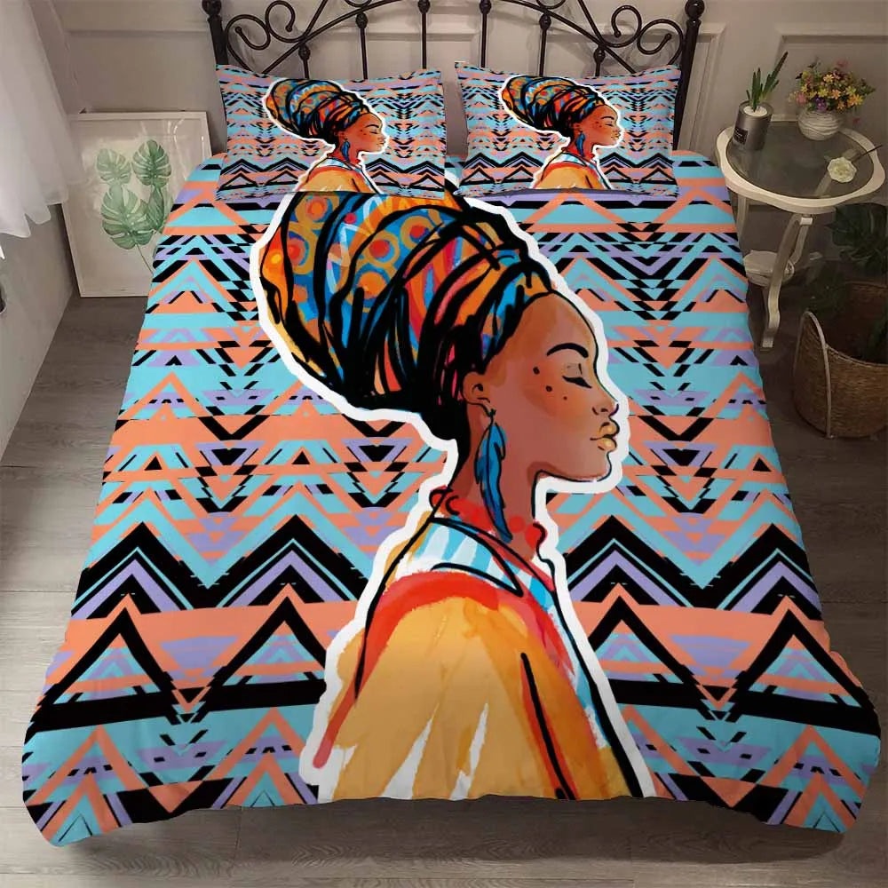 3pcs Eco-friendly Beddings African Design 3D Printed Linen Embroid Black Vintage Woman Character 100% Polyester Polyester