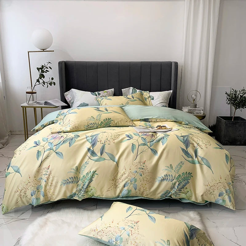 American Style 60s Bedding Sets 100% Egyptian Organic Cotton White Gray Floral Pattern 4pcs 300TC Thread Count