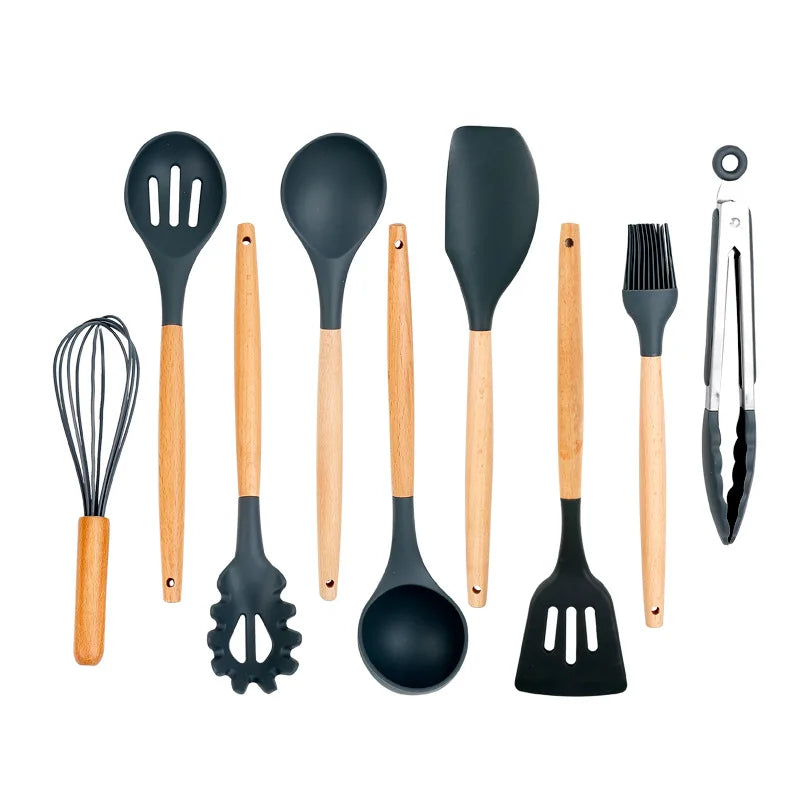 12 Pieces in 1 Set Silicone Kitchen Accessories Cooking Tools Kitchenware Cocina Silicone Kitchen Utensils With Wooden Handles