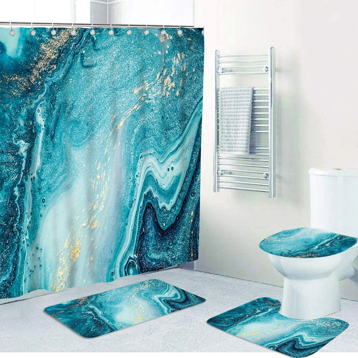 16 Pcs Marble Pattern Bathroom Sets with Shower Curtain and Rugs Waterproof Printing Toilet Shower Curtain with Hooks
