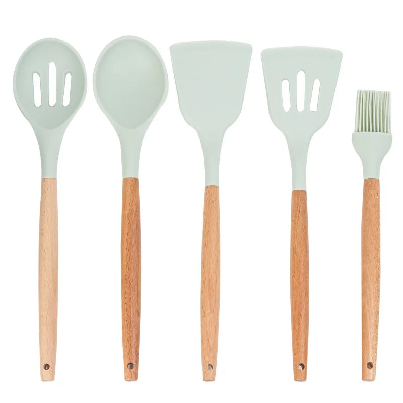 12 Pieces in 1 Set Silicone Kitchen Accessories Cooking Tools Kitchenware Cocina Silicone Kitchen Utensils With Wooden Handles