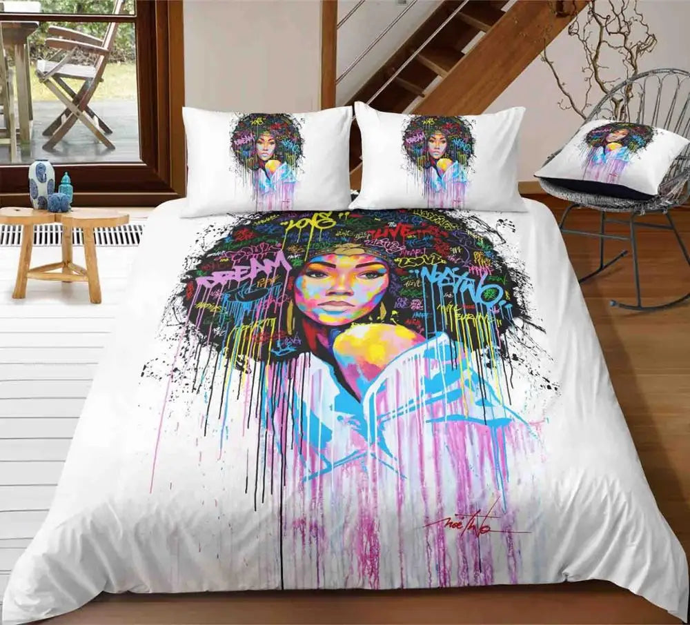 African Design 3D Printed Embroidered Black Girl Vintage Nature Microfiber Duvet Cover Set Black for Home Use Polyester Filling