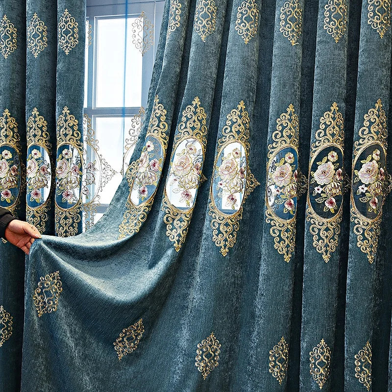 Factory Direct Luxury Chenille Embroidered Curtains Fabrics Hollow Rose Embroidery Curtain Fabric for Living Room