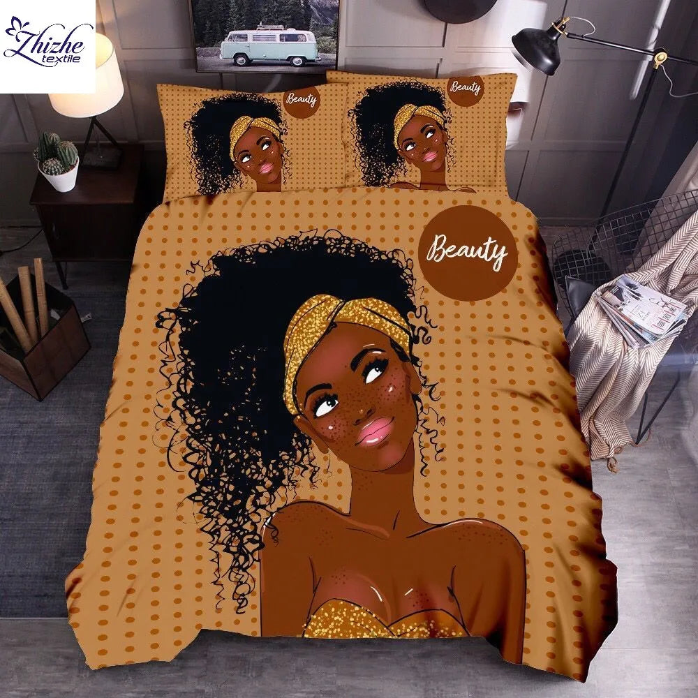 African Design 3D Printed Embroidered Black Girl Vintage Nature Microfiber Duvet Cover Set Black for Home Use Polyester Filling