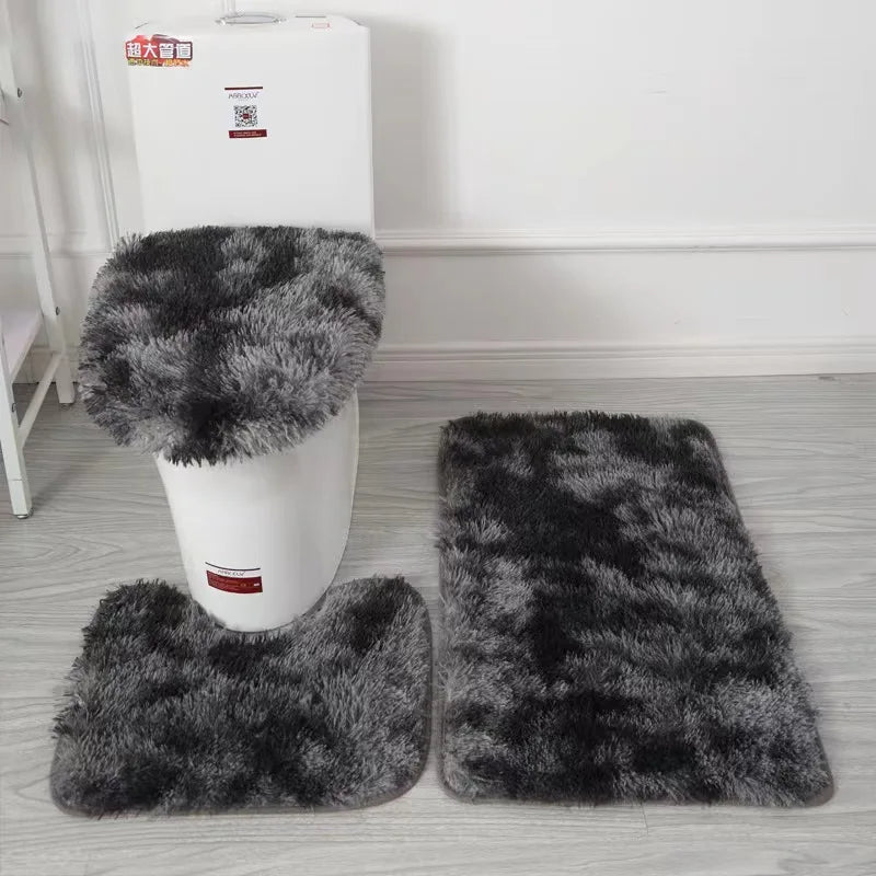 3 Piece Bathroom Rug Set Long Plush Mat Bathroom Anti-slip Mat Toilet Three-piece Mat Carpet Daily Decorative Neat Blanket