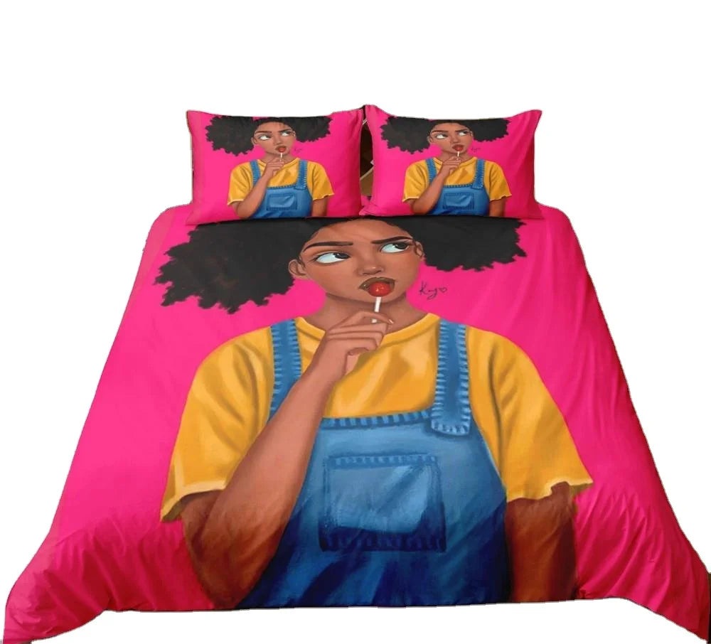 African Design 3D Printed Embroidered Black Girl Vintage Nature Microfiber Duvet Cover Set Black for Home Use Polyester Filling