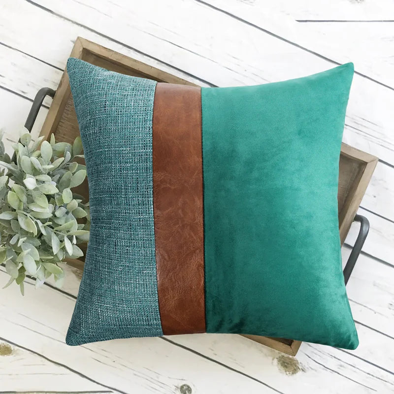 Cotton Linen Velvet Patchwork Faux Leather Pillow Cover Modern Farmhouse Decor Accent Cushion Case Decorative Throw Pillowcase