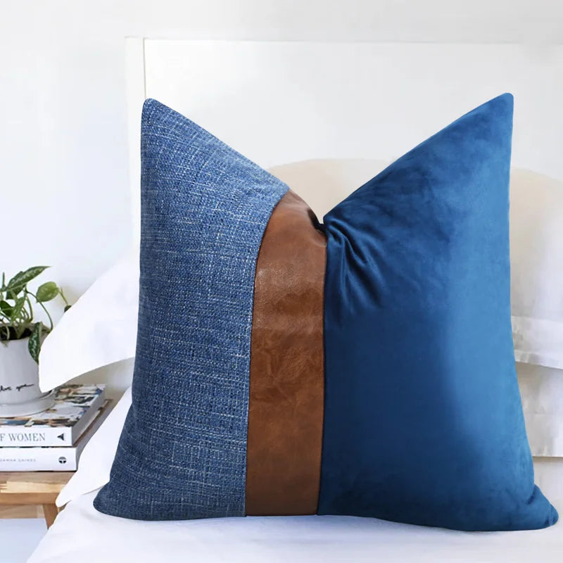 Cotton Linen Velvet Patchwork Faux Leather Pillow Cover Modern Farmhouse Decor Accent Cushion Case Decorative Throw Pillowcase