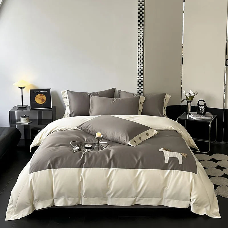 100S Egyptian Cotton Bedding Sets Luxury Bed Sheets Splicing Embroidery Horse Designer Bedding Luxury Brand