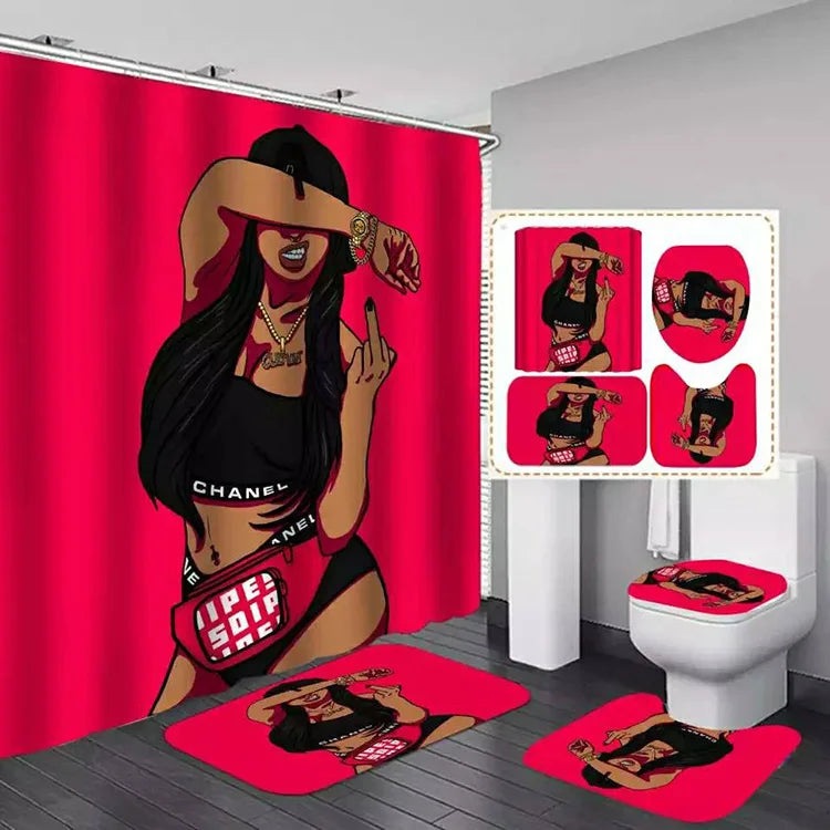 American African Black Women Bad Girl Afro Shower Curtain Bathroom Set and Bath Rugs Set