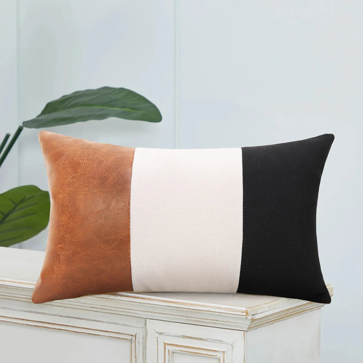 European and American New Pu Splicing Contrast Leather Linen Pillow Case Living Room Sofa Pillow Cushion