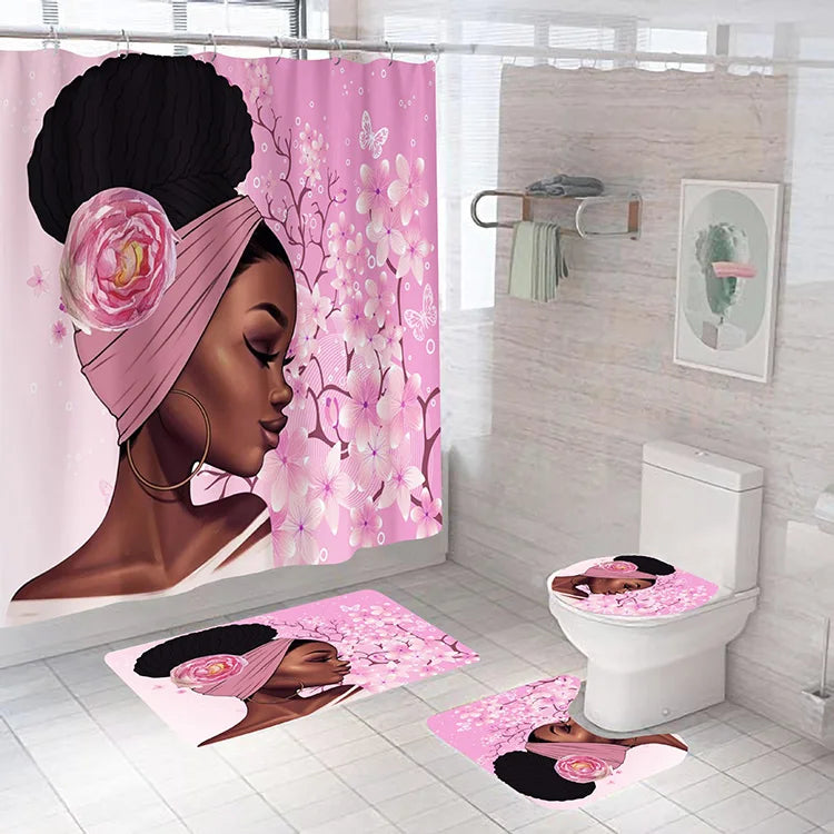 American African Black Women Bad Girl Afro Shower Curtain Bathroom Set and Bath Rugs Set