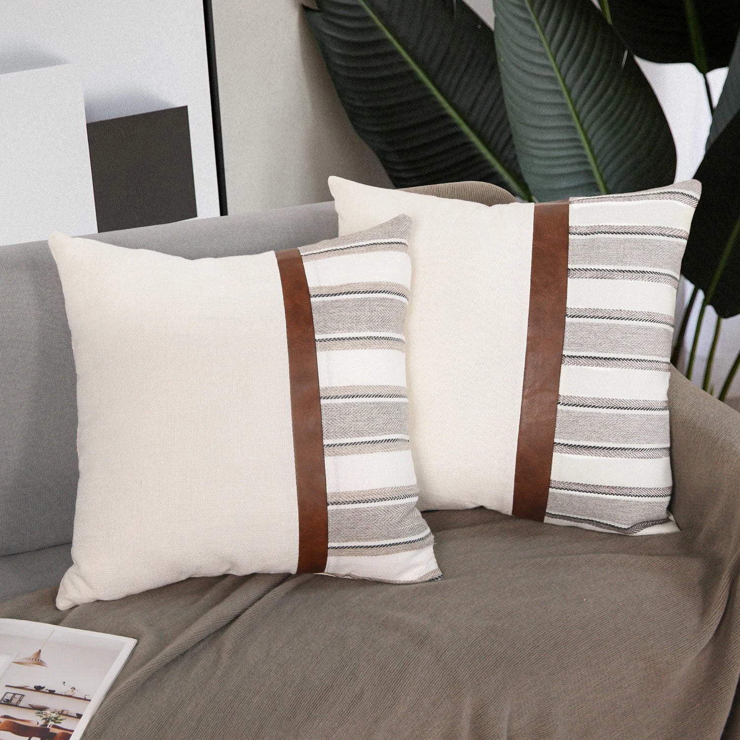 Cygnus Nordic American Modern Pillow Cover Stripe Canvas Stitching Pu Leather Cushion Cover for Home Decor