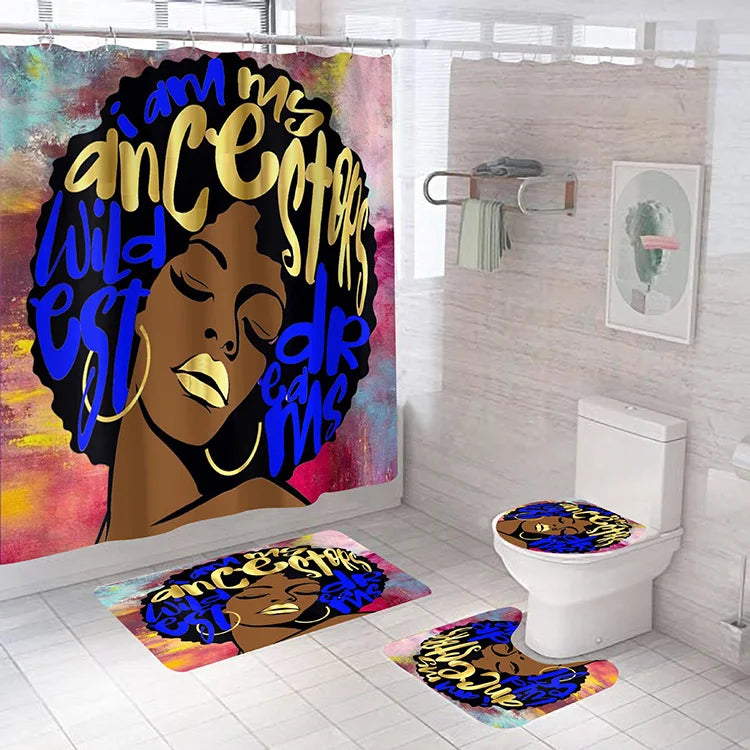 American African Black Women Bad Girl Afro Shower Curtain Bathroom Set and Bath Rugs Set